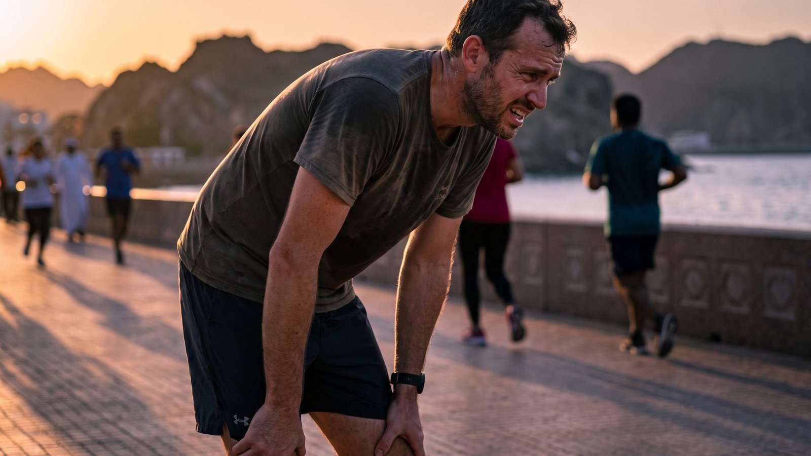 A runner stopped on the Muscat corniche at sunset, bent over with his hands on his knees and grimacing, as other runners pass behind him