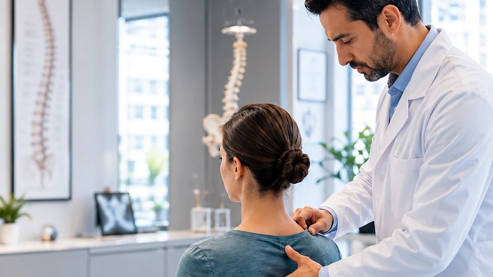 A clinician standing behind a seated patient in a Muscat clinic, examining her upper back by hand, with a spine model and X-ray behind them