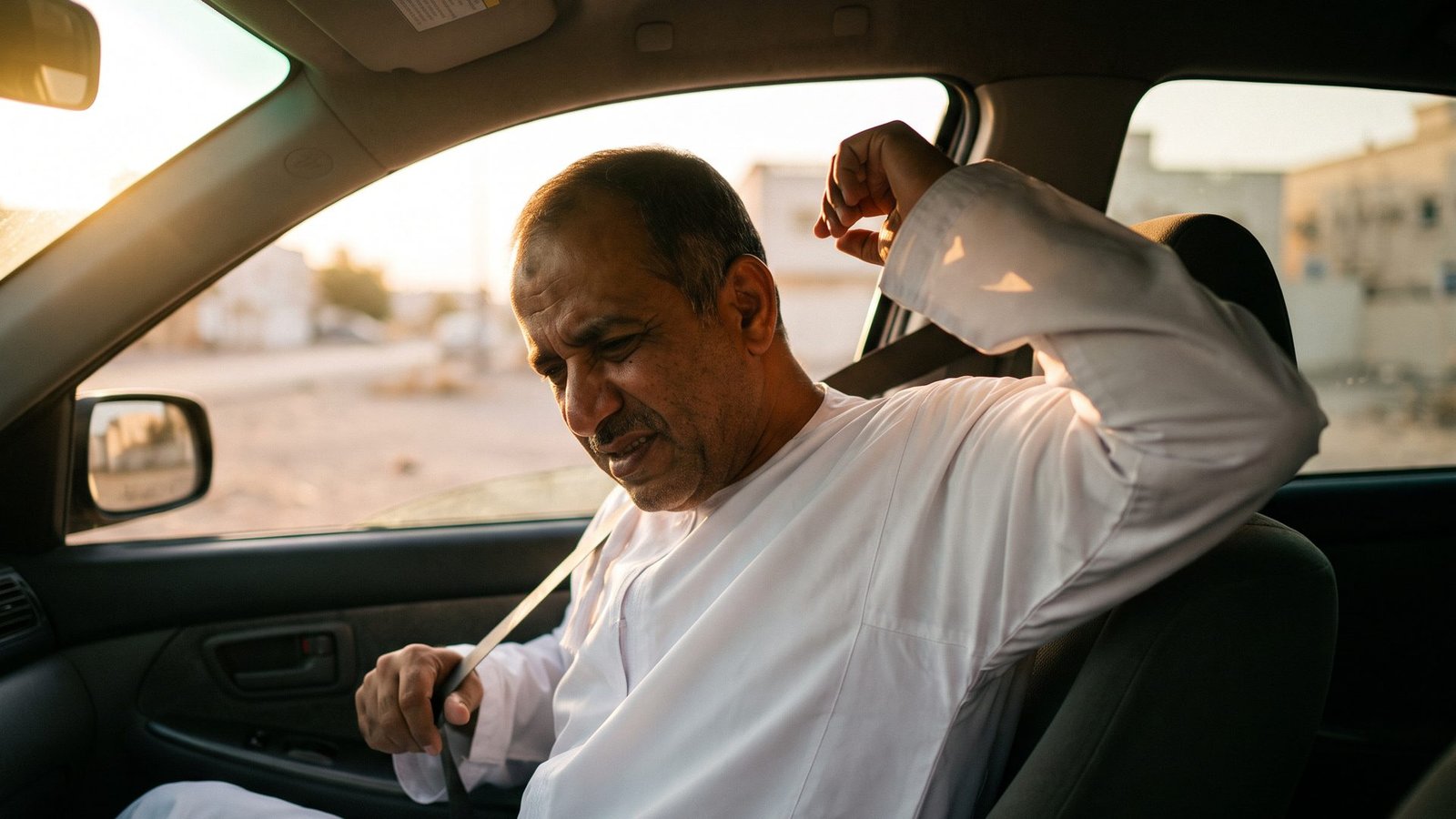 رجل يرتدي دشداشة يتألّم وهو يمدّ يده إلى الخلف نحو حزام الأمان بسبب تيبّس الكتف