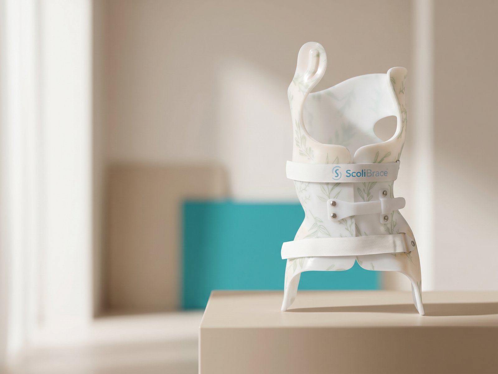 Custom-made ScoliBrace® scoliosis brace with a botanical leaf pattern, CBP Precision Spine Center, Muscat