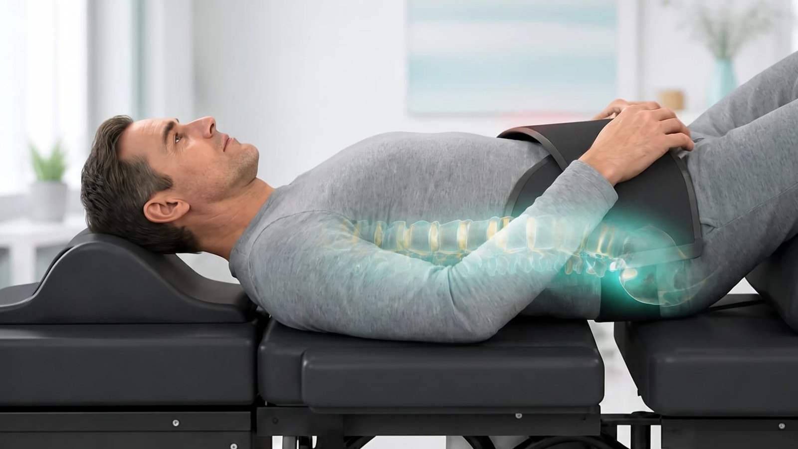 A man lying on his back on a motorised spinal decompression table, a padded harness around his pelvis, with an illustrative overlay showing the lumbar spine