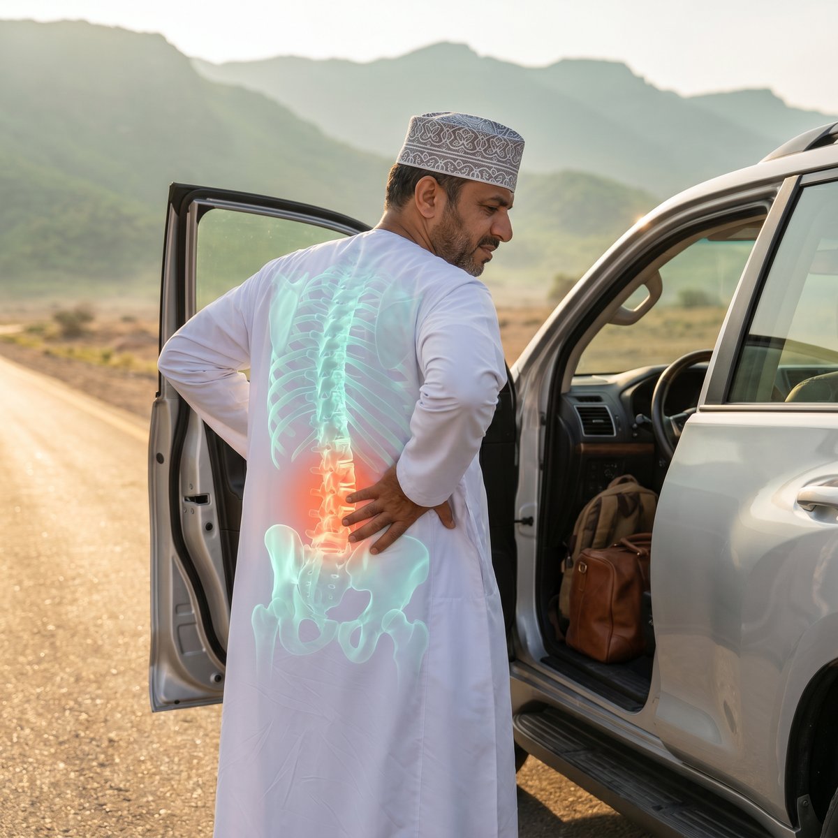 سائق يمسك أسفل ظهره بعد رحلة برية طويلة على الطريق إلى صلالة، عمان