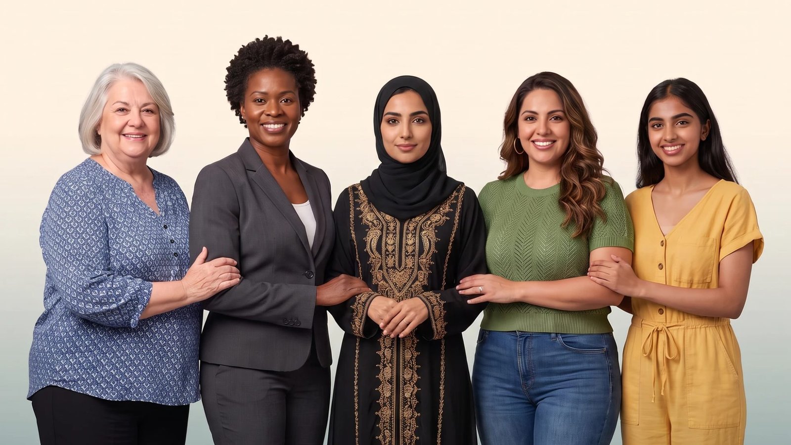 خمس نساء من أعمار وجنسيات مختلفة يقفن معاً متشابكات الأذرع، بمناسبة يوم المرأة العُمانية