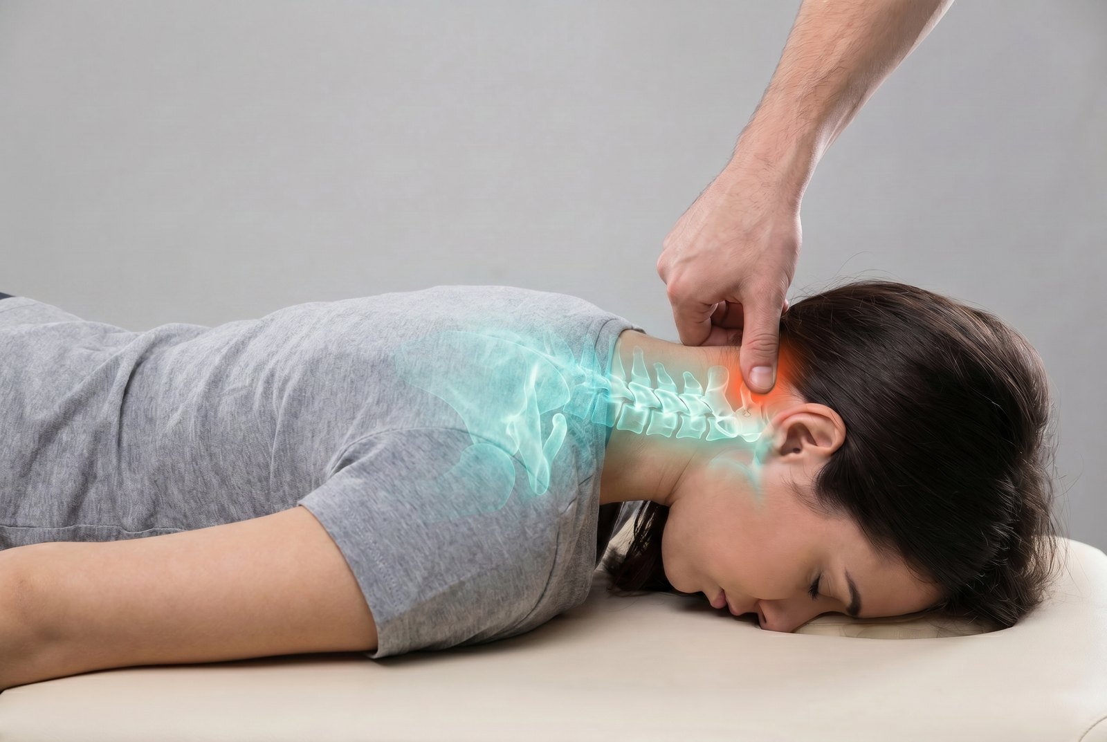 A female patient receiving cervical spine therapy with a glowing spine overlay and a red highlight at the treatment point, illustrating cervicogenic headache care at CBP Precision Spine Center