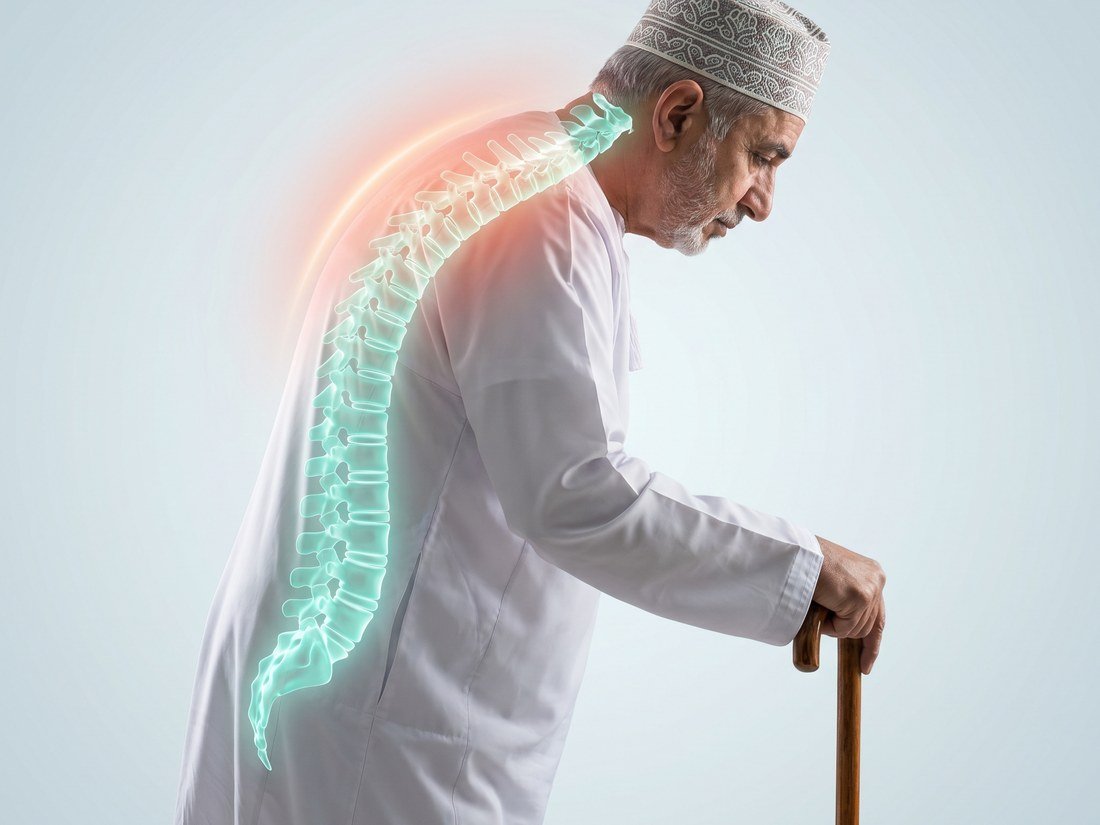Aligned spine glowing teal down the centre of the back with level shoulders