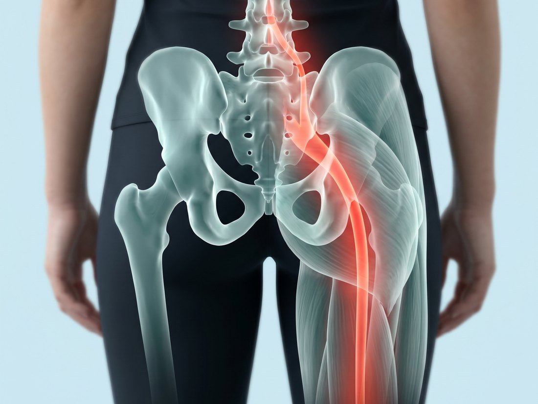 Illustration of the sciatic nerve glowing red from the lower spine through the hip and down the leg