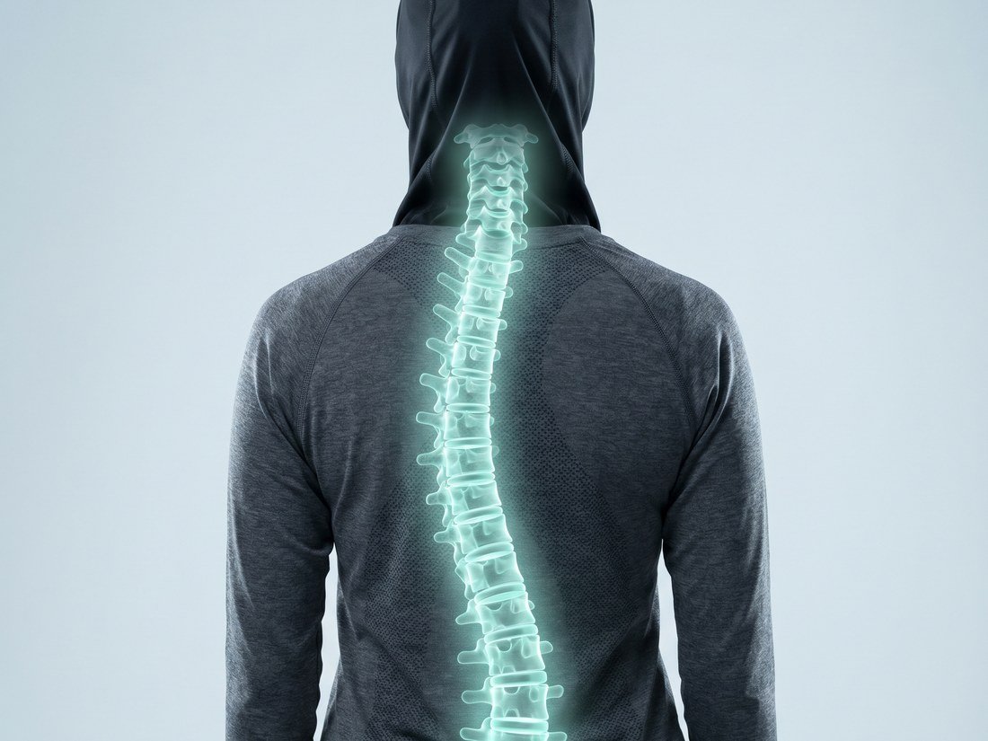 Illustration of a scoliotic spine with a sideways curve glowing through a back, CBP Precision Spine Center Muscat