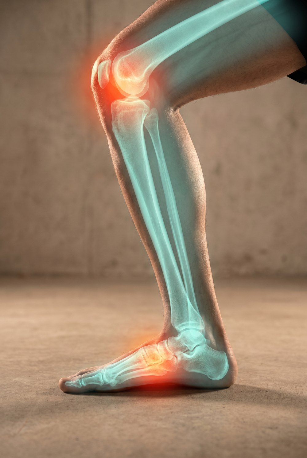 Side view of a leg with an X-ray overlay showing a collapsed arch and knee strain at CBP Precision Spine Center