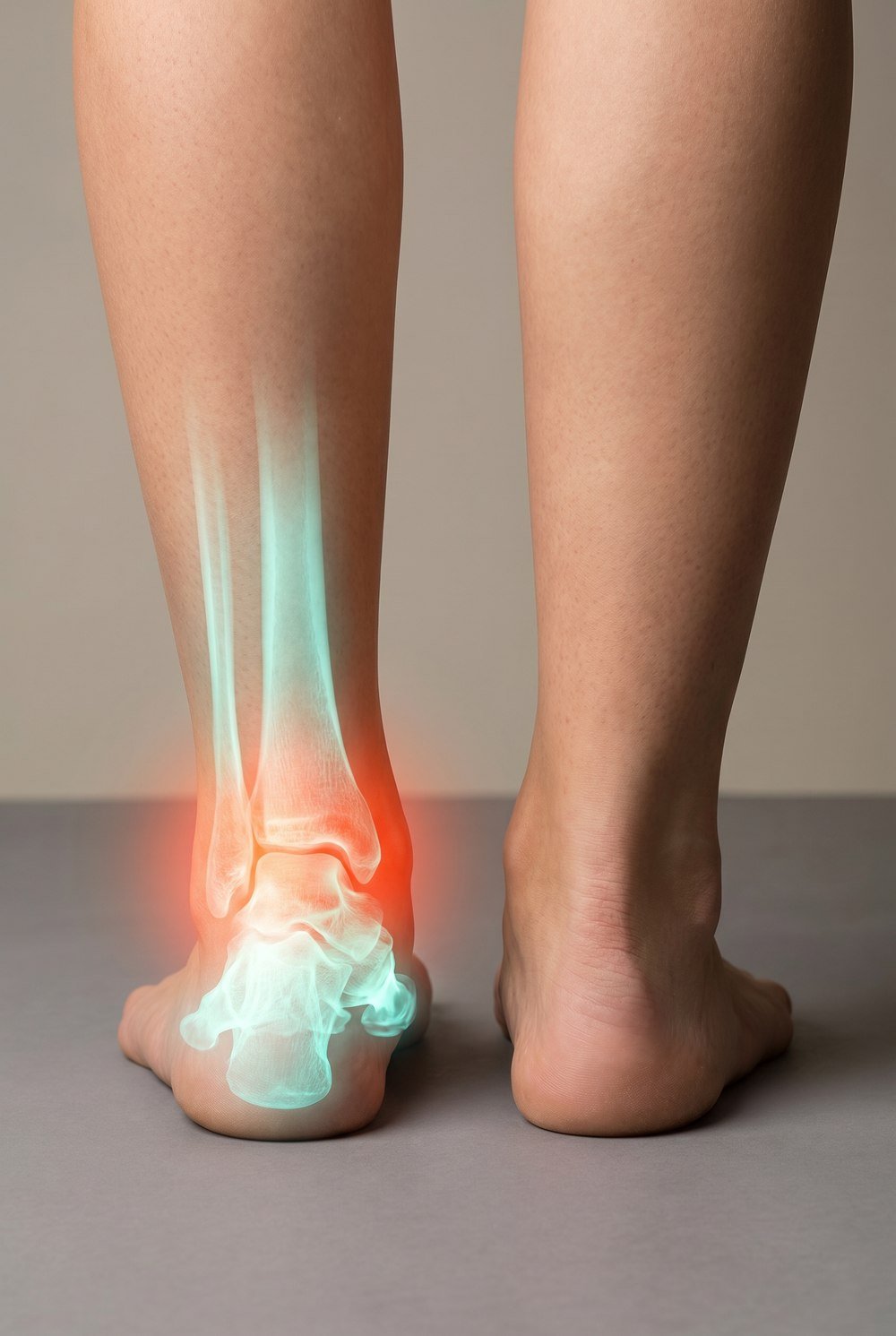 Rear view of an ankle rolling inward with an X-ray overlay showing overpronation at CBP Precision Spine Center
