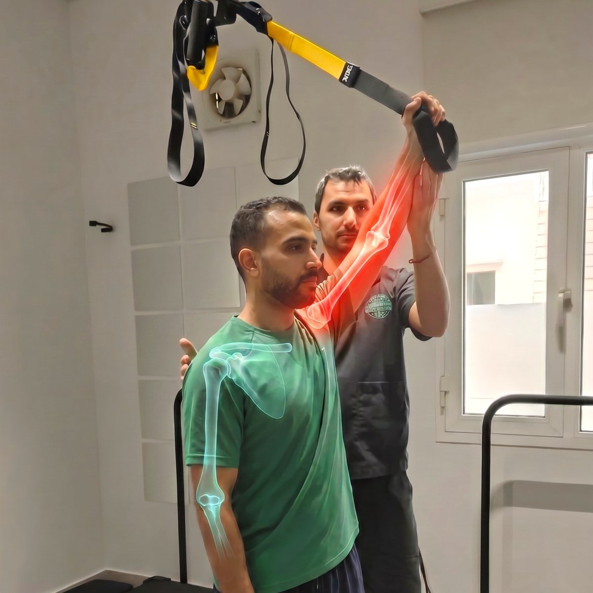 Guided overhead shoulder mobilisation with a therapist at CBP Precision Spine Center