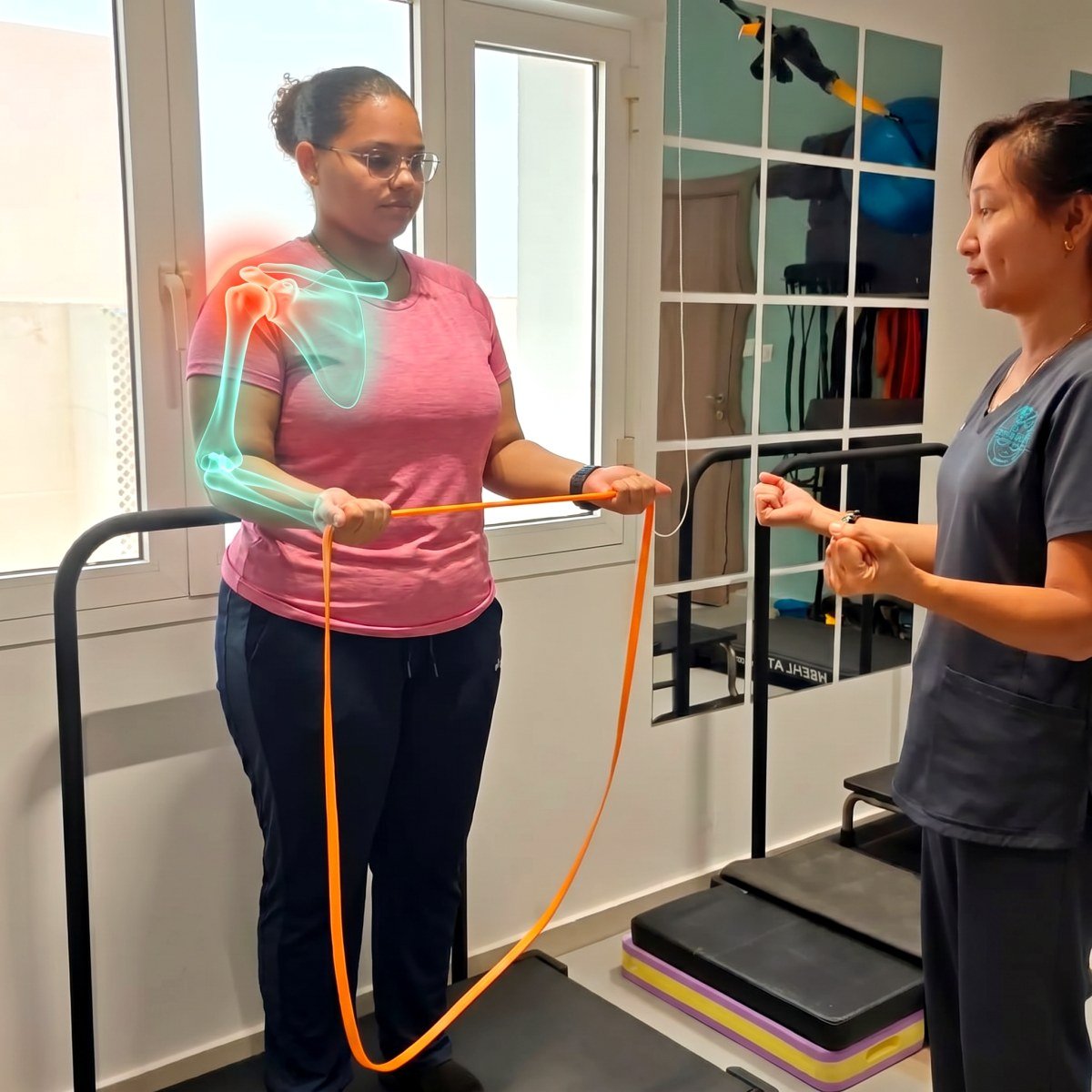 Resistance-band shoulder exercise guided by a therapist at CBP Precision Spine Center