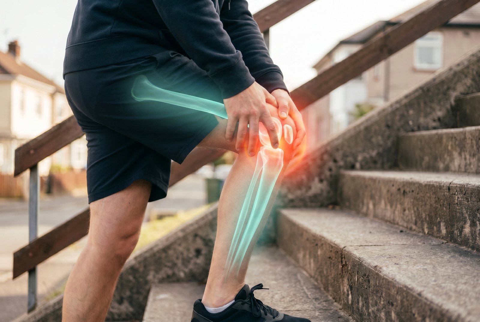 A runner on outdoor stairs gripping his knee in pain, with a glowing X-ray leg overlay and a red highlight at the knee joint, at CBP Precision Spine Center
