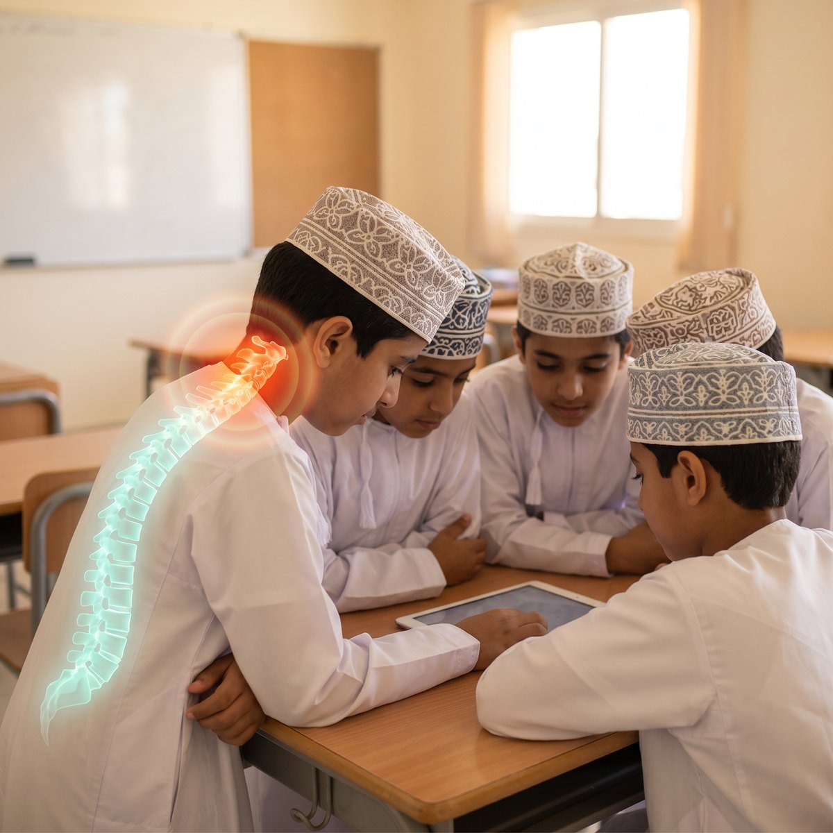 Schoolchildren looking down at a tablet showing forward head posture, with a spine overlay highlighting neck strain, at CBP Precision Spine Center