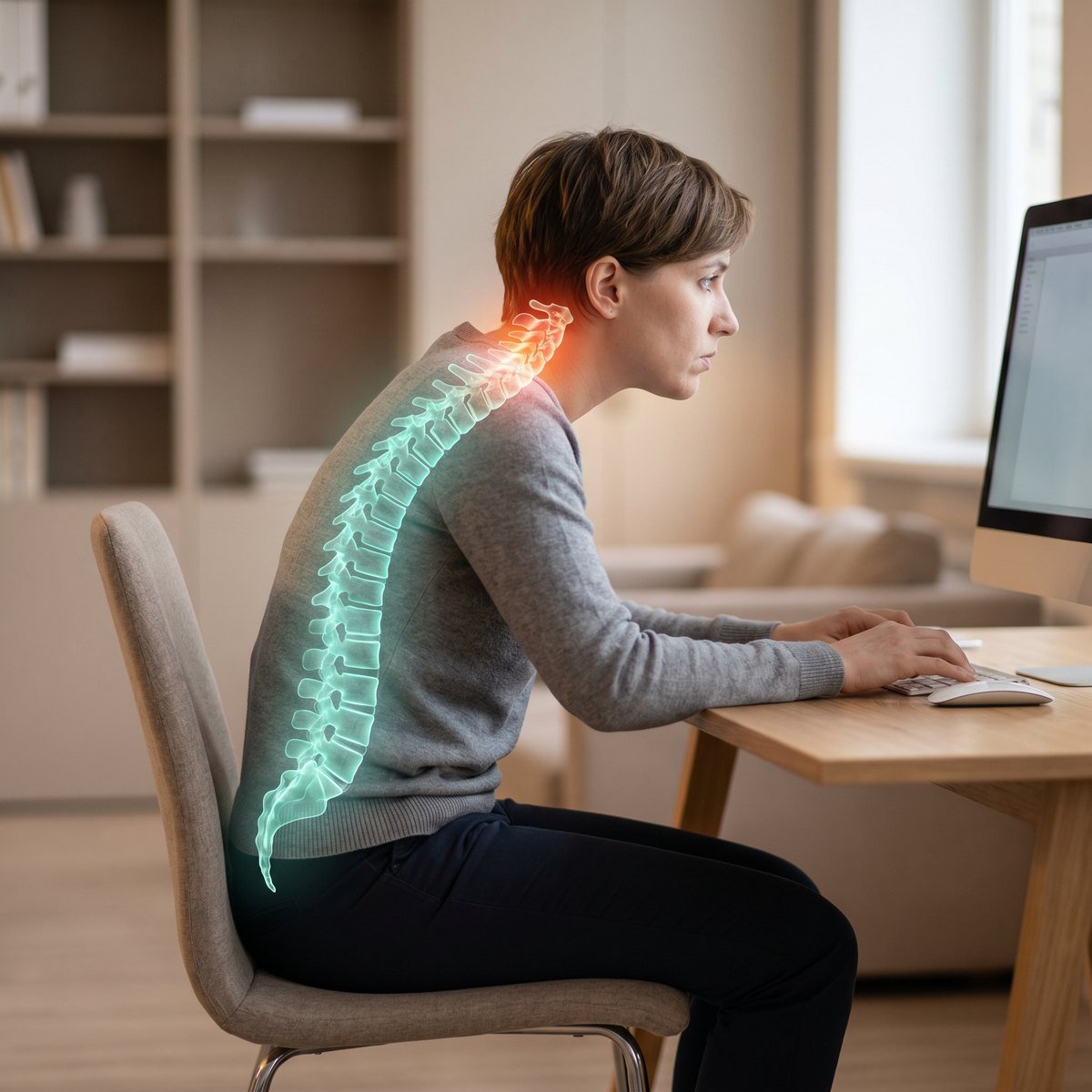 Person working at a computer in slouched posture with a spine overlay highlighting cervical strain
