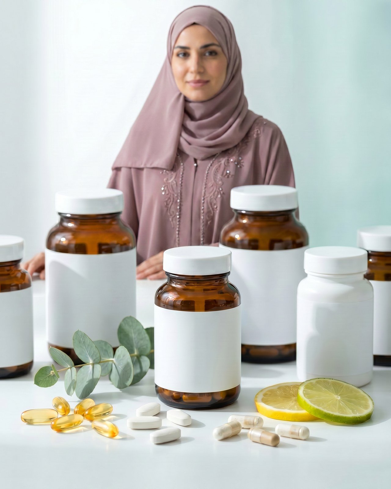 Nutritional supplements with a woman in an abaya at CBP Precision Spine Center