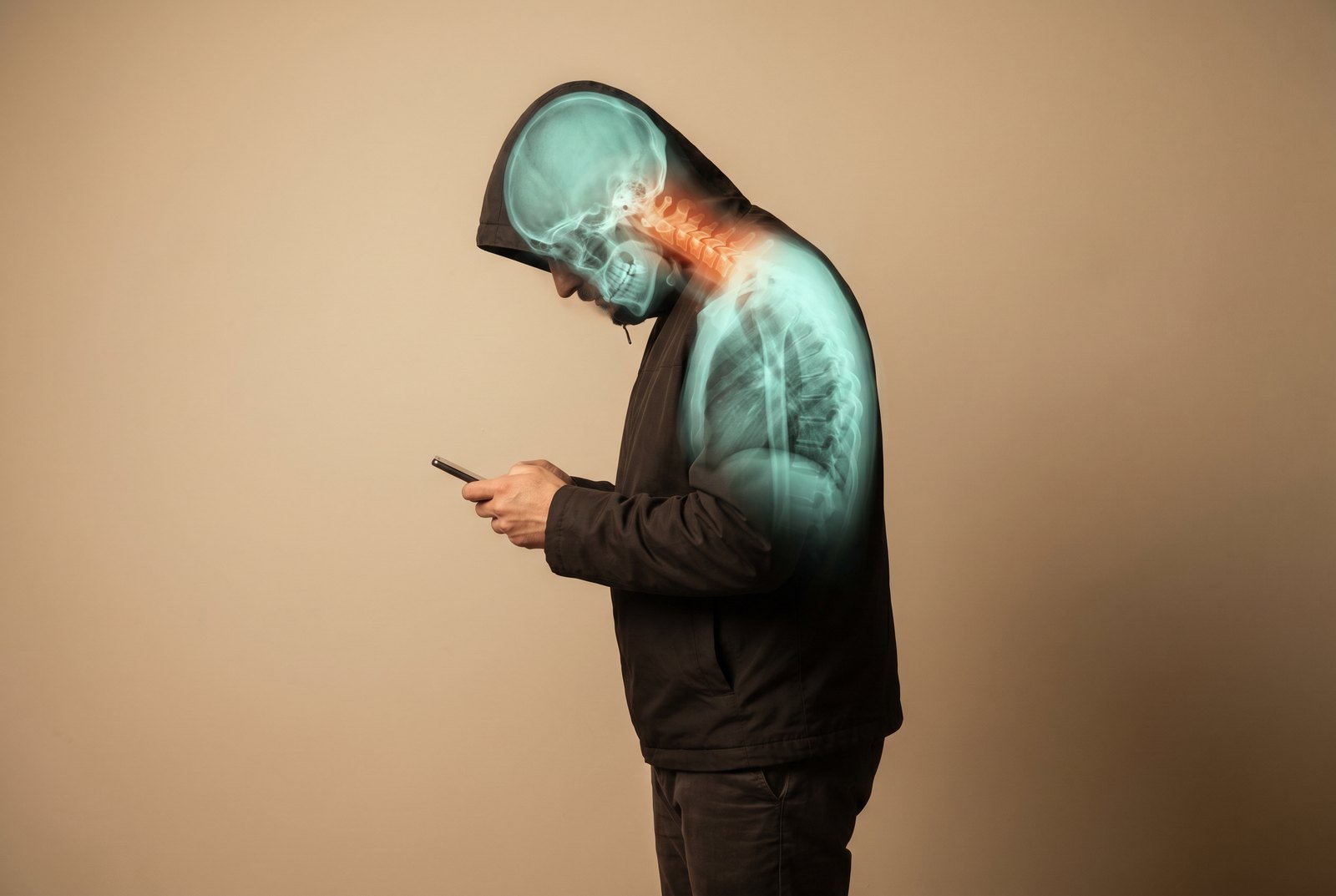 A person hunched over a smartphone with a glowing spine overlay and red neck highlight, showing forward-head text-neck posture at CBP Precision Spine Center