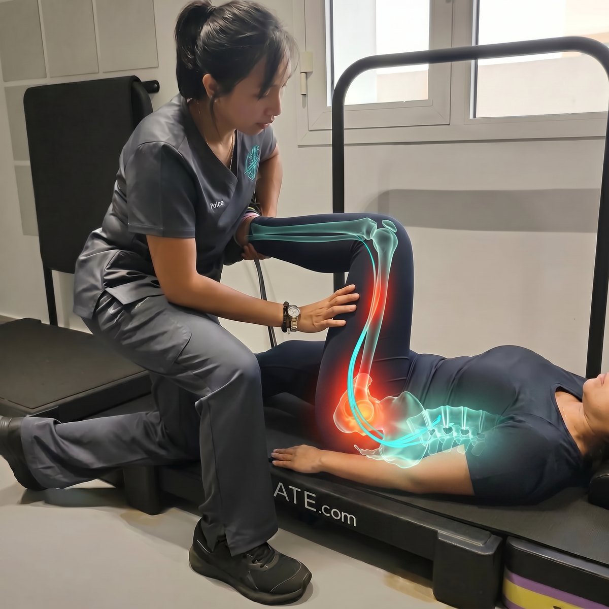 Therapist performing a bent-knee sciatic nerve tension assessment with a lumbar spine and sciatic nerve overlay at CBP Precision Spine Center