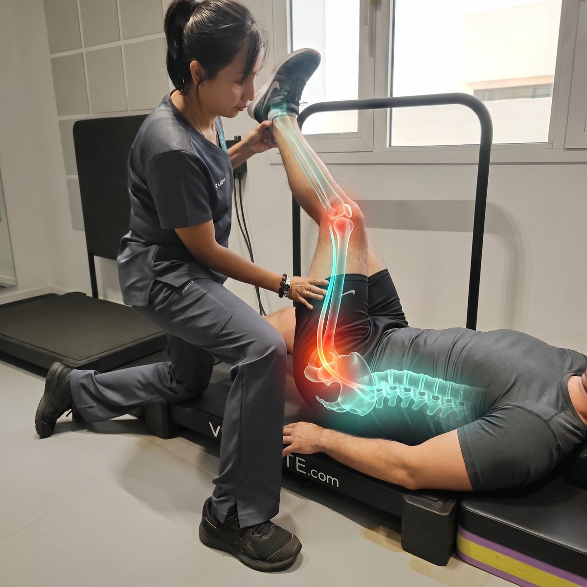 Therapist performing a straight-leg-raise sciatic assessment with a lumbar spine and sciatic nerve overlay at CBP Precision Spine Center