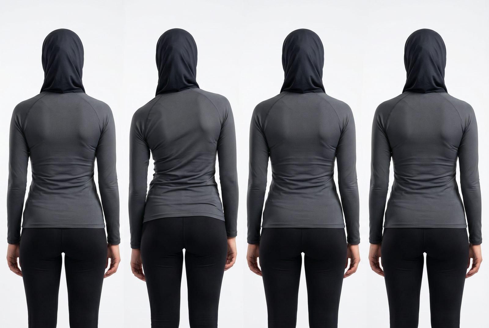 Four figures viewed from behind; the second shows the postural signs of scoliosis — a higher shoulder, an uneven waistline and a sideways spinal curve visible through a fitted top