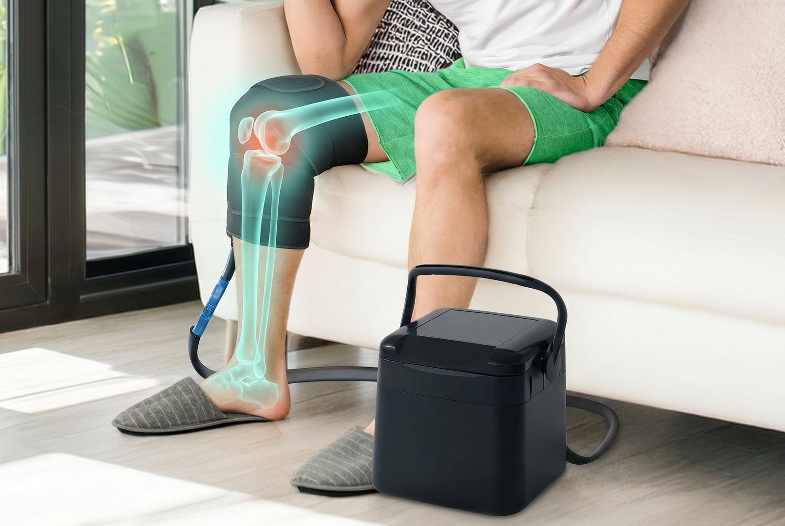 An athlete recovering with a cold-therapy compression wrap on the knee connected to a portable cooling unit, with a glowing X-ray knee overlay, at CBP Precision Spine Center