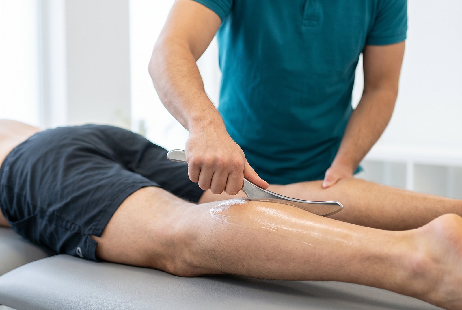 Therapist gliding a stainless-steel IASTM tool along a patient's calf muscle