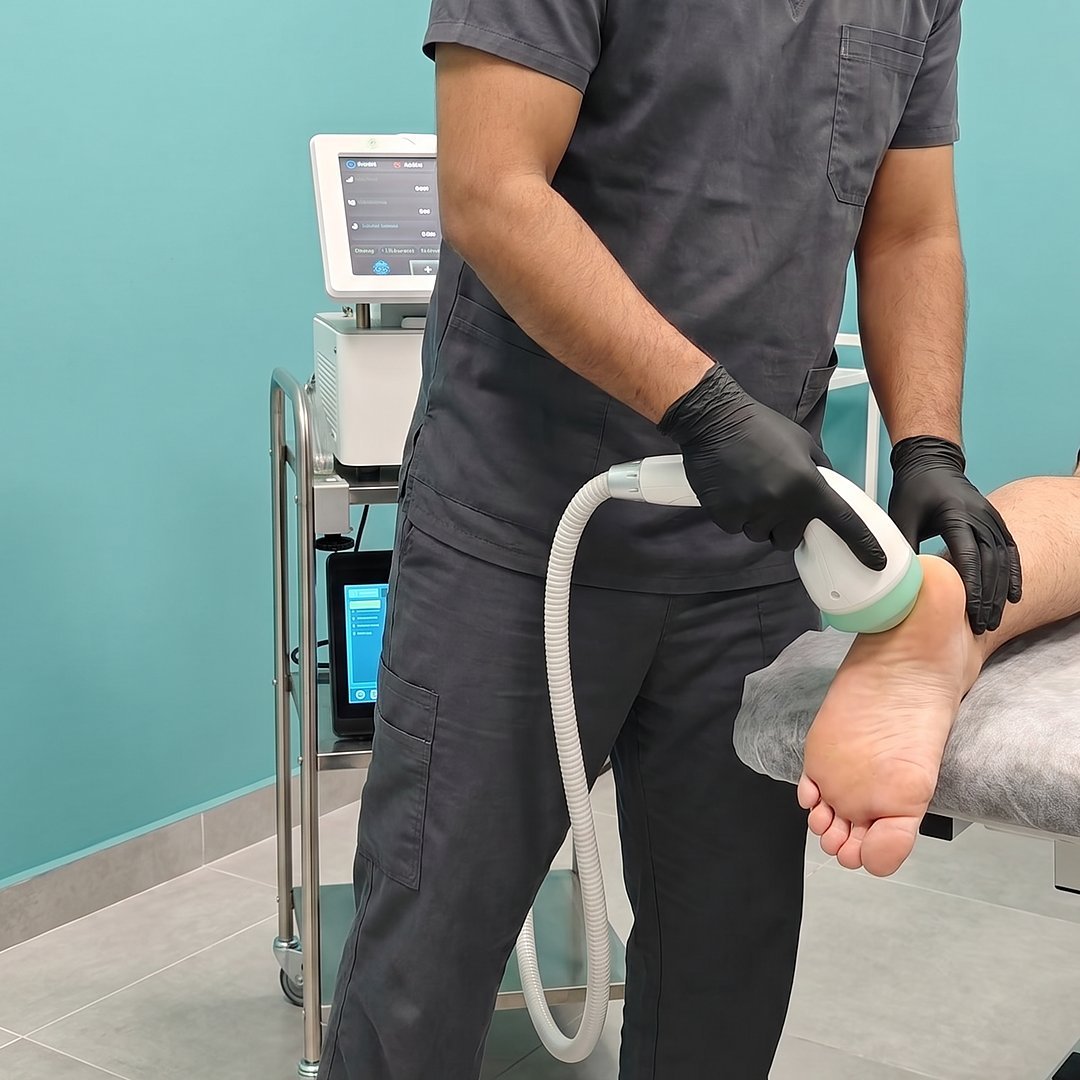 Focused shockwave therapy applied to the heel for plantar fasciitis at CBP Precision Spine Center