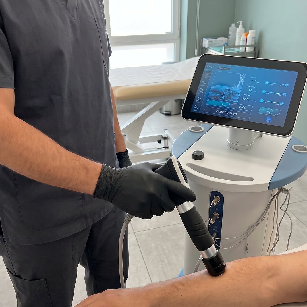 Radial shockwave therapy applied to the calf at CBP Precision Spine Center