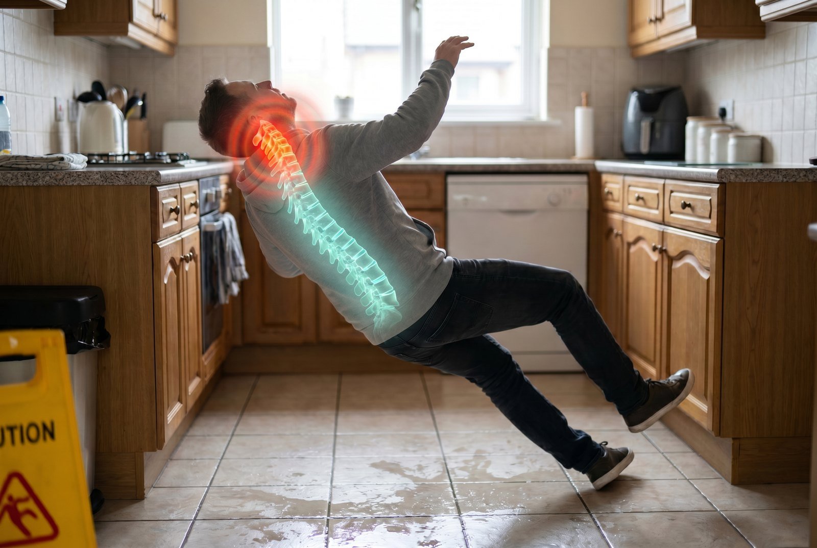 A person slipping and falling backward in a kitchen with a glowing spine overlay and red neck highlight, illustrating a whiplash mechanism of injury at CBP Precision Spine Center